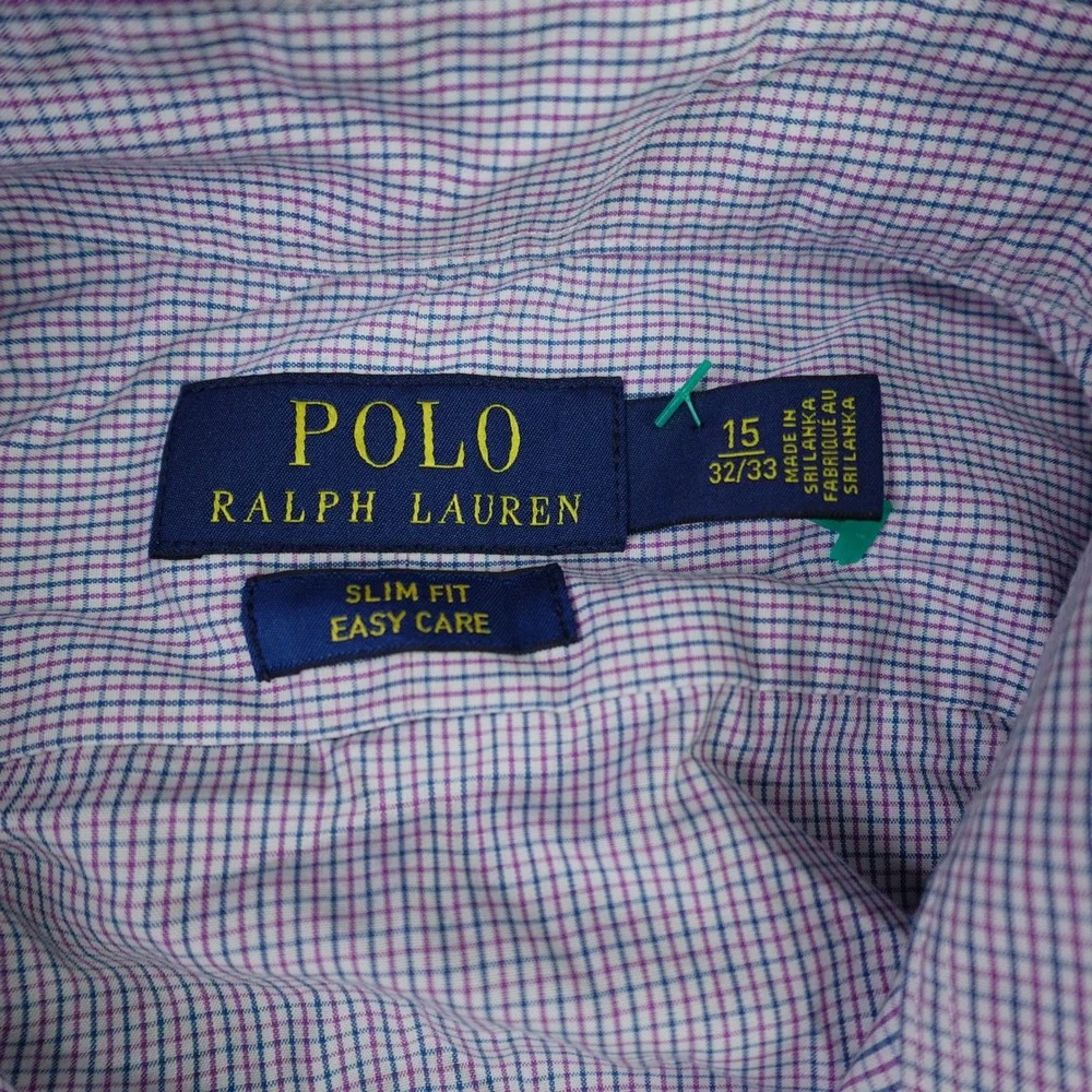 Polo Ralph Lauren Shirt Mens 15 32/33 Purple Slim Fit Dress Easy Care Gingham